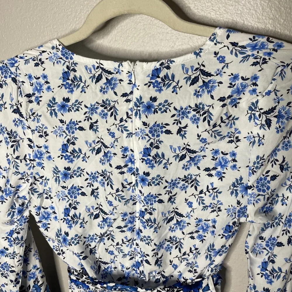 ASOS Parisian Long Sleeve Romper Size 6 Petite Floral Border Print Blue 6P